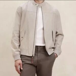 Banana Republic Mens Sz L Linen Bomber Jacket Sand Beige Partially Lined Pockets